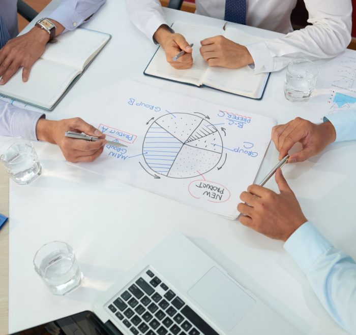 Business team discussing pie chart and strategy