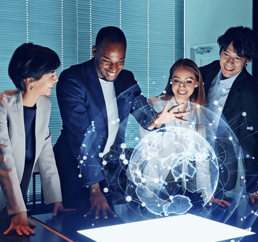 Business team interacting with holographic digital globe