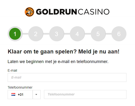 Goldrun Casino signup form with email and phone