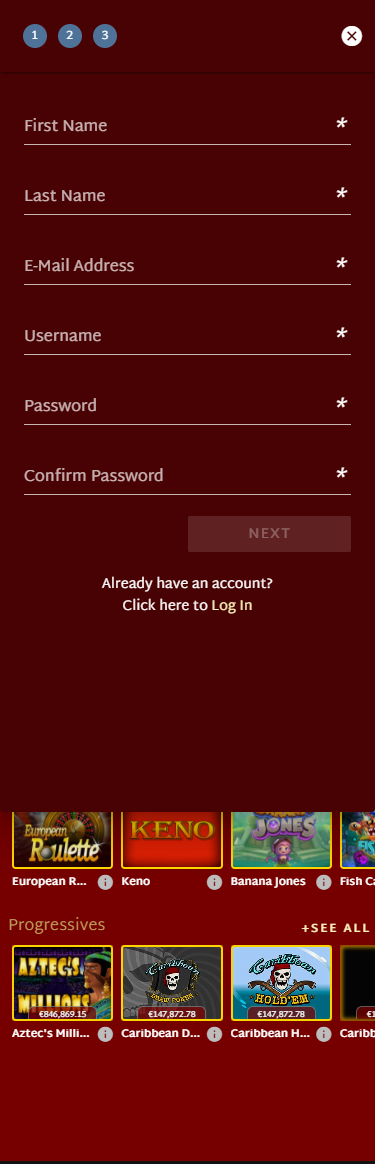 Sign-up form above casino game thumbnails