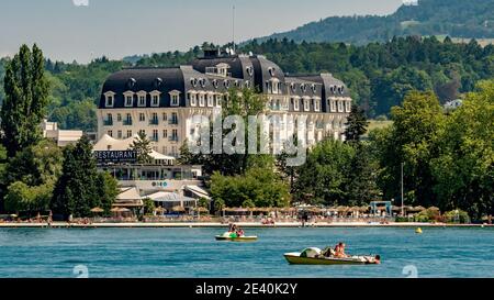 Grand lakeside hotel with paddle boats