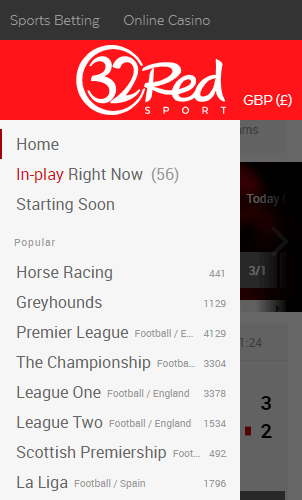 32Red Sport website menu with betting categories