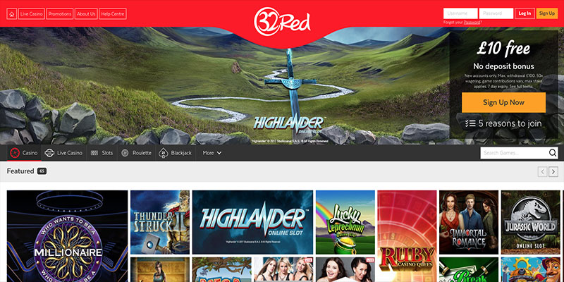 32Red casino homepage showing Highlander banner