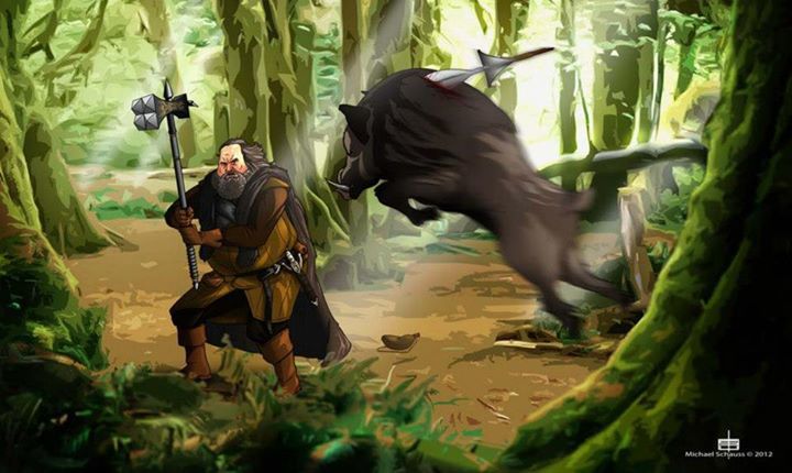 Dwarf warrior fending off charging boar in forest