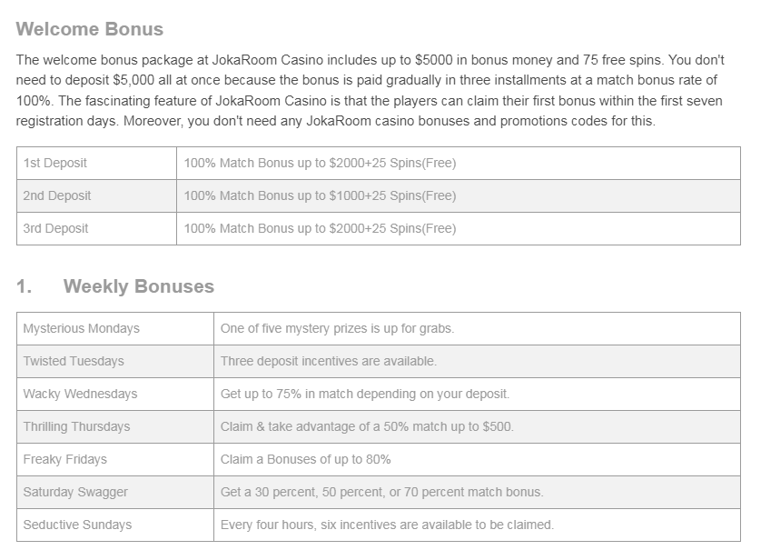 Casino welcome bonus details and weekly promotions