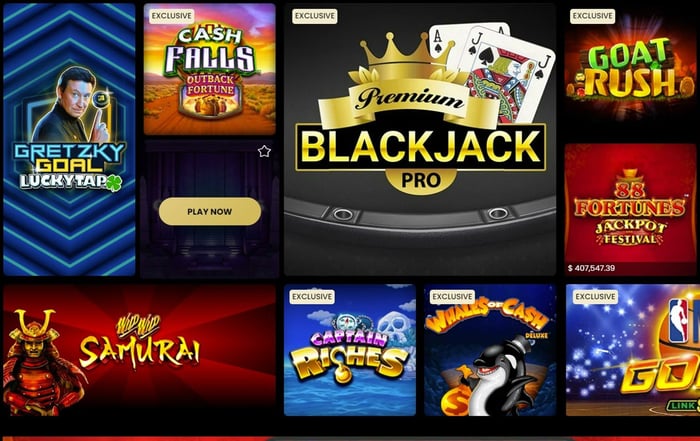 Online casino game selection with Blackjack banner