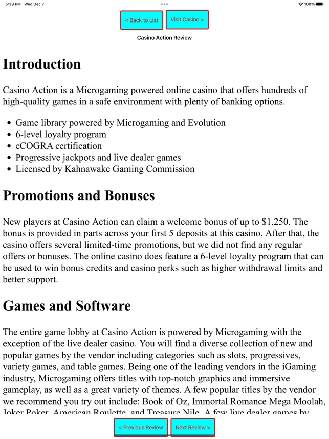 Casino Action review webpage screenshot