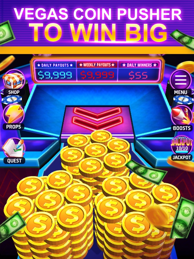 Vegas coin pusher arcade game with coins