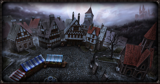 Foggy medieval village square with market stalls