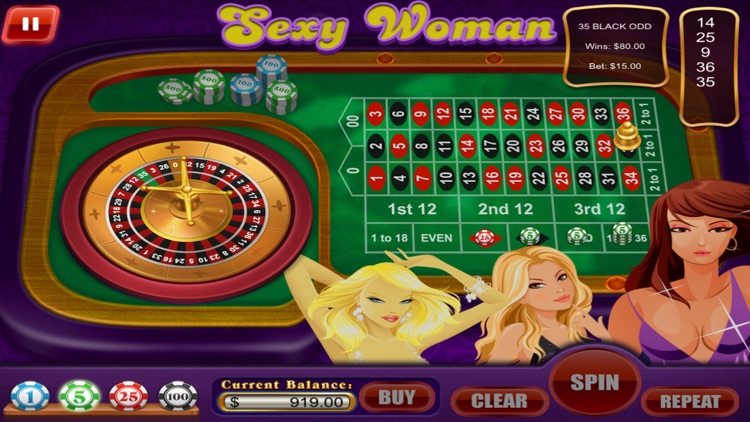Casino roulette interface with three illustrated women