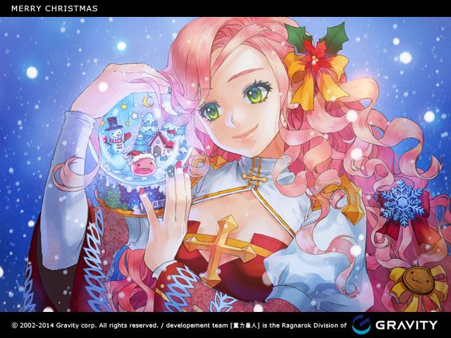 Anime girl with pink hair holding snow globe