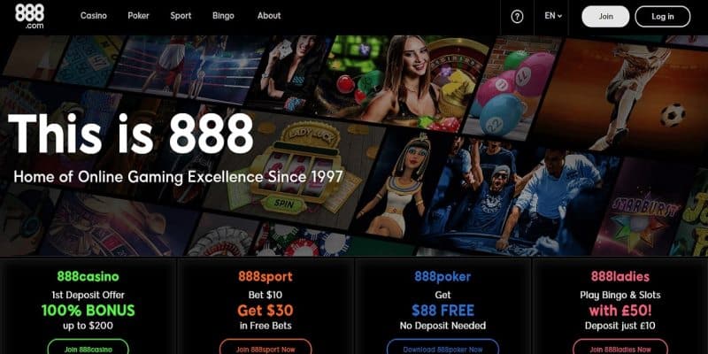 888 online gaming homepage with casino promotions