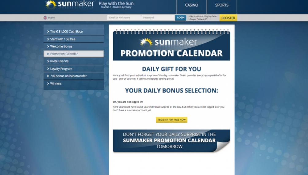 Sunmaker promotion calendar daily gift offer webpage