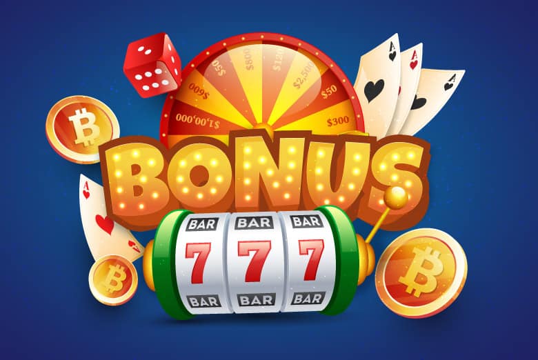 Casino bonus graphic with slot 777 and bitcoins