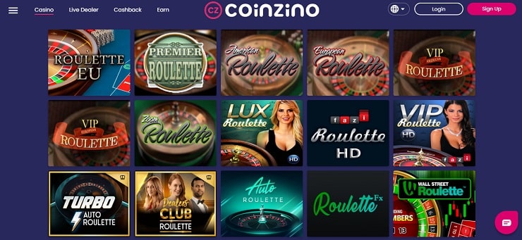 Grid of online roulette game thumbnails