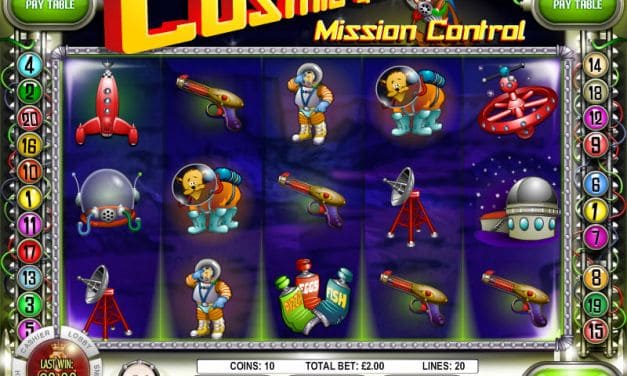 Colorful space-themed slot machine with astronauts and rockets