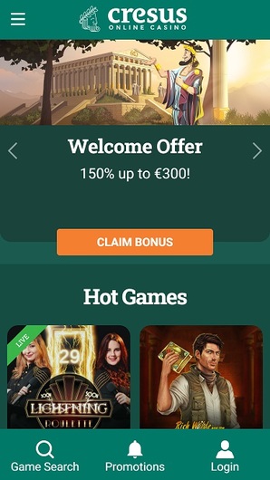Cresus online casino welcome offer screen