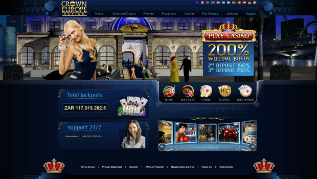 Online casino homepage with welcome bonus banner