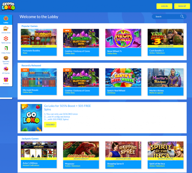 Crypto Loko online gaming lobby with colorful tiles