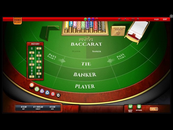 Green baccarat table with chips and layout