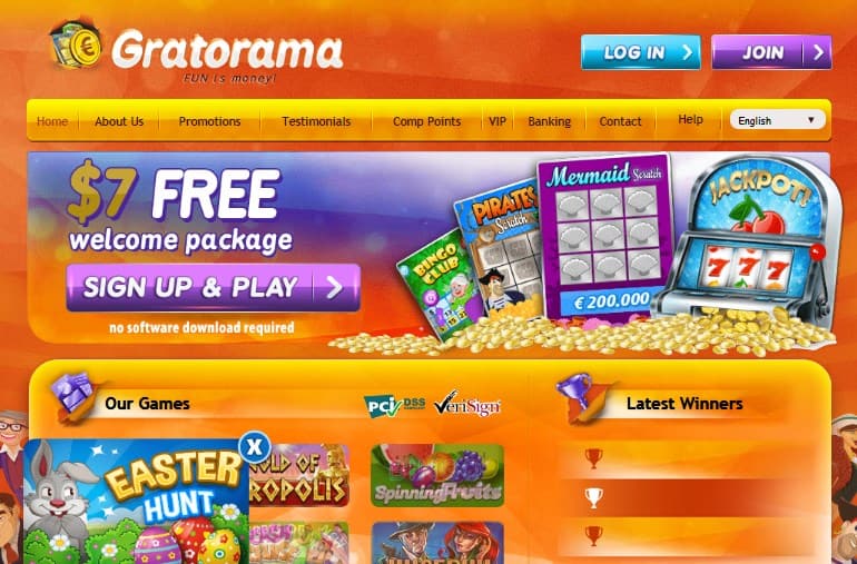 Gratorama online casino homepage with $7 welcome package
