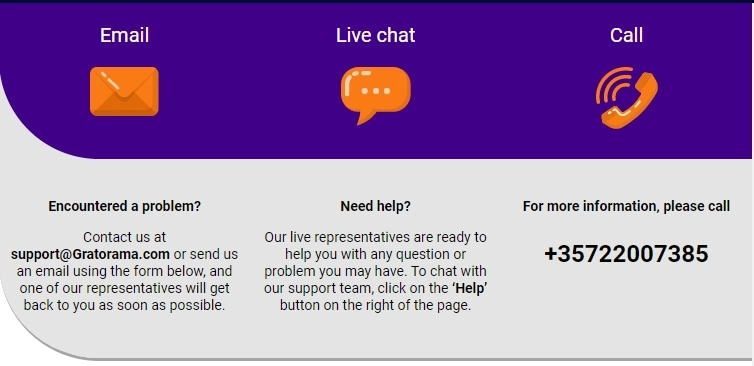 Contact options: email, live chat, phone