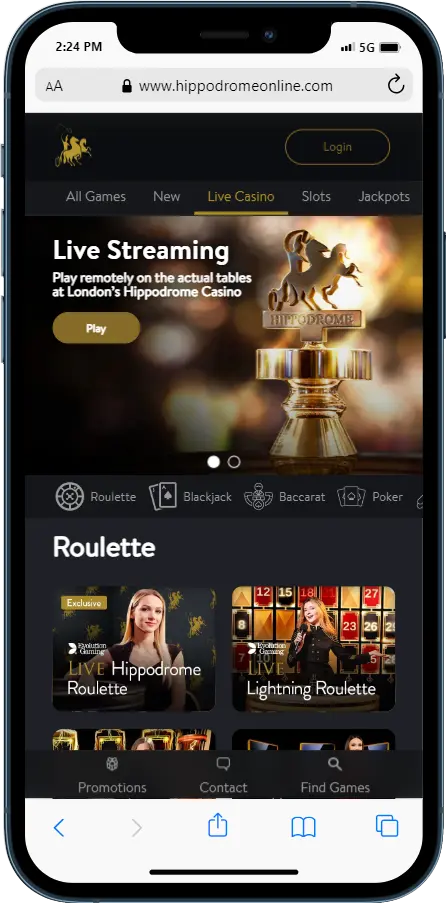 Smartphone displaying live roulette casino website