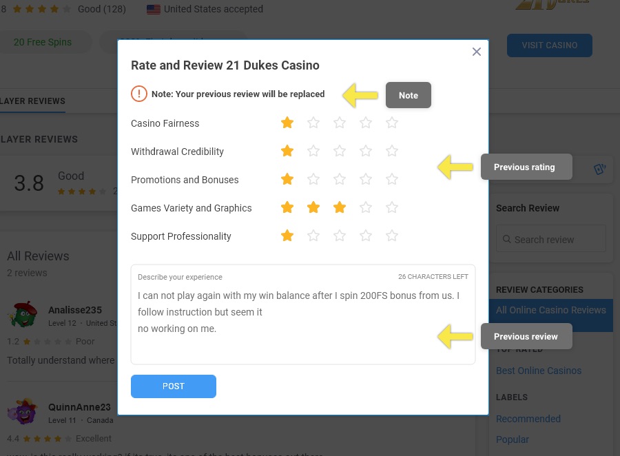 Casino review popup with star ratings