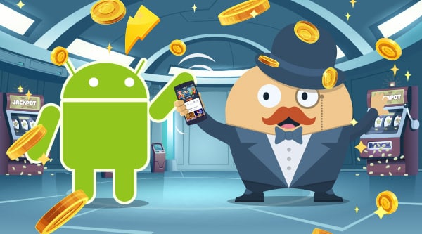 Android mascot and casino host with flying coins
