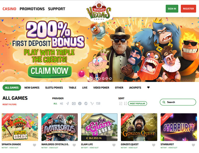 Casino homepage with colorful cartoon characters banner