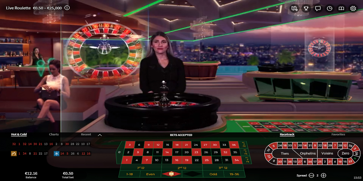 Live roulette dealer in illuminated casino studio