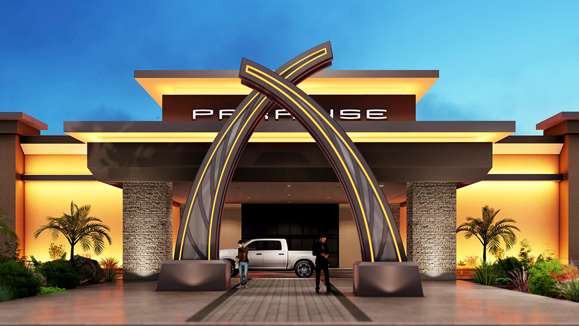 Hotel entrance with intersecting archway and truck