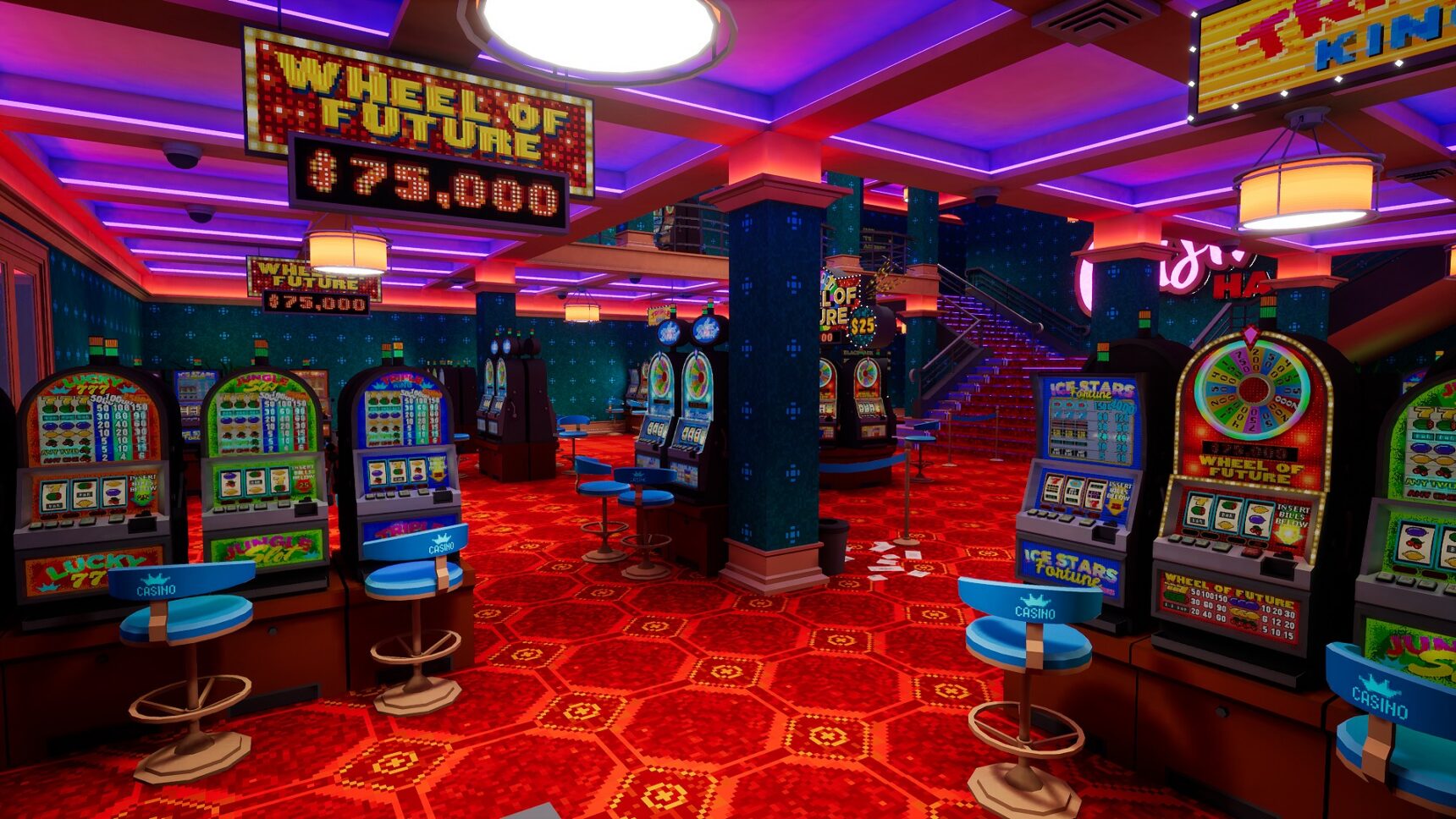 Neon-lit casino floor with slot machines