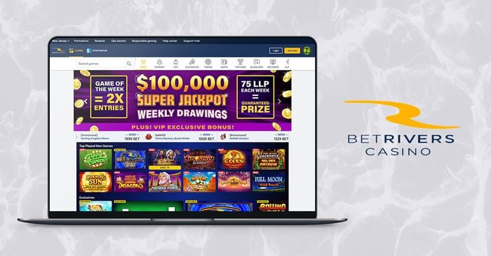 Laptop showing BetRivers Casino website and logo
