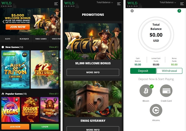 Wild Casino app mobile screens showing promotions