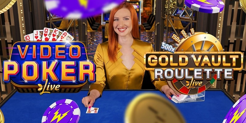 Smiling woman with video poker and roulette logos