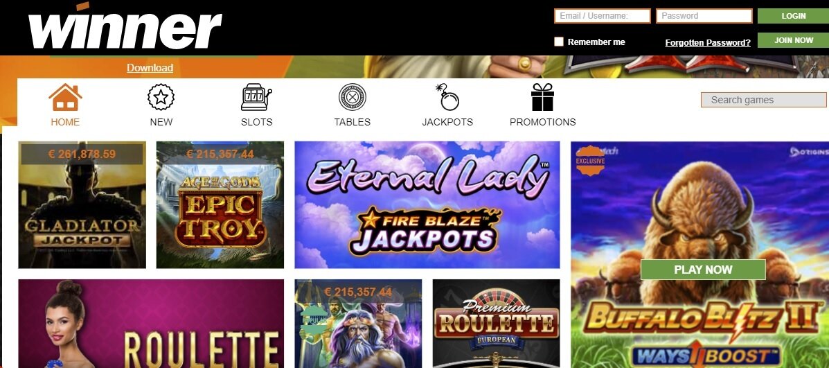 Winner online casino homepage with slot thumbnails