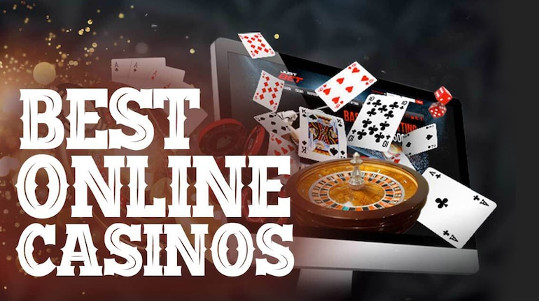Laptop displaying best online casinos with cards, roulette