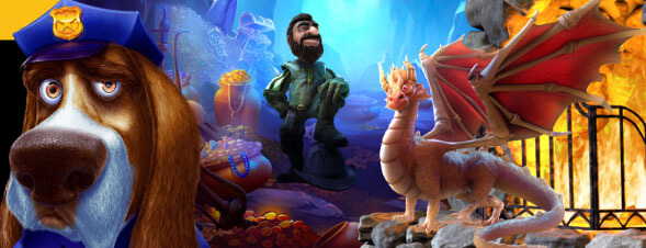 Police dog beside dragon figurine and treasure