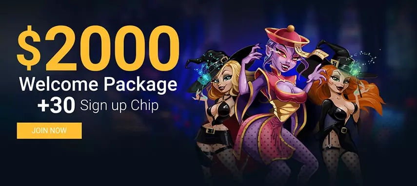 Casino $2000 welcome banner with three characters