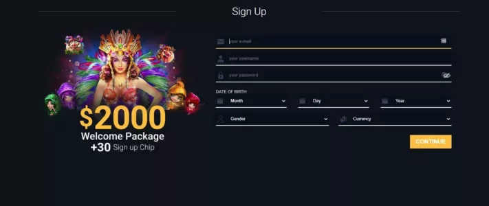 Online casino sign-up page advertising $2000