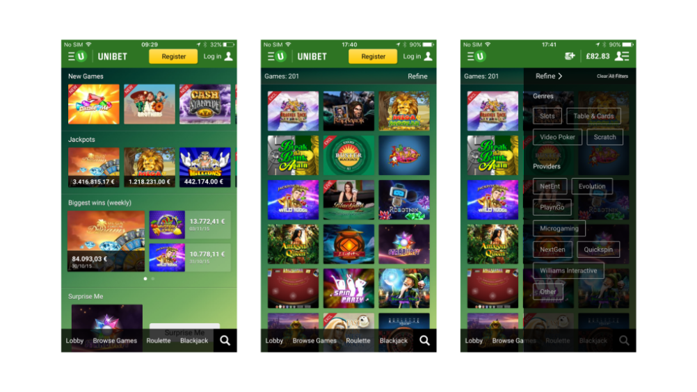 Unibet mobile casino app game lobby screenshots