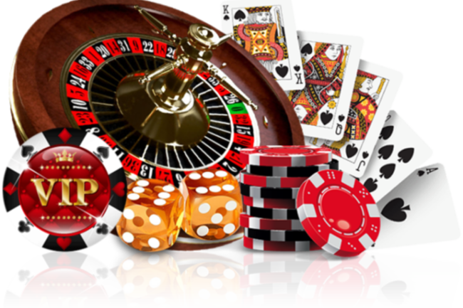 Casino roulette, chips, dice, and playing cards