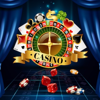 Casino roulette wheel with cards, chips, dice