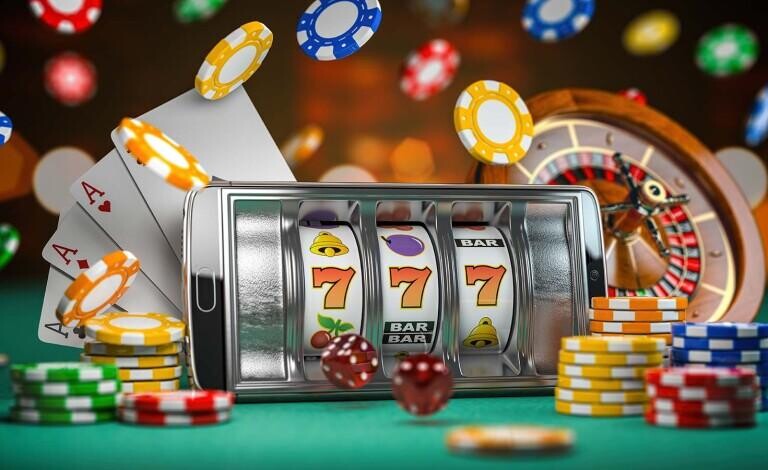 Smartphone slot machine showing triple sevens, casino chips