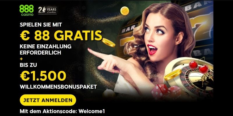 888 Casino bonus ad with woman pointing