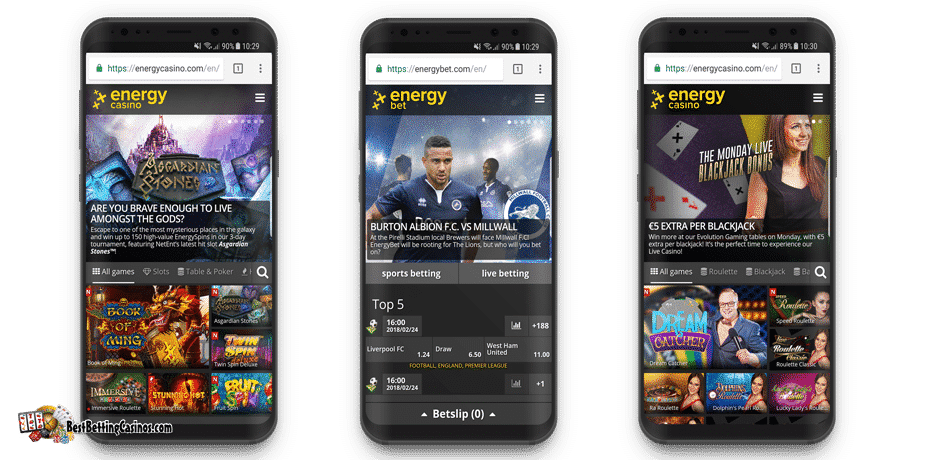 Three phones displaying Energy Casino mobile website