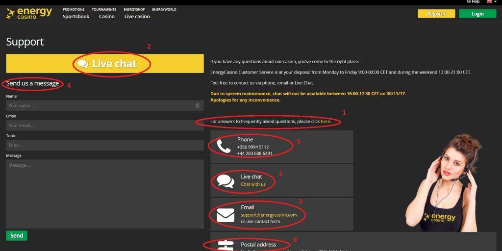 Energy Casino support page with live chat