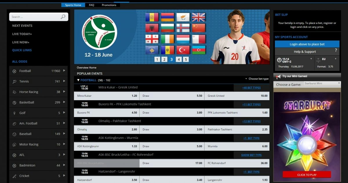 Sports betting website interface with odds table