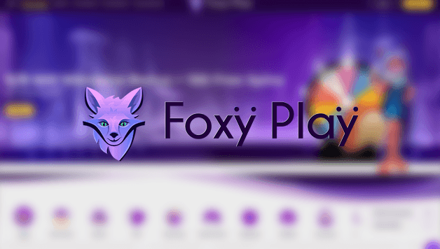 Foxy Play purple fox logo on blurred background